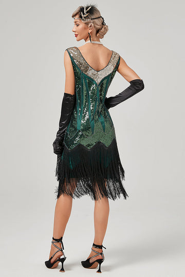 Abito flapper con scollo a V verde nero con frange